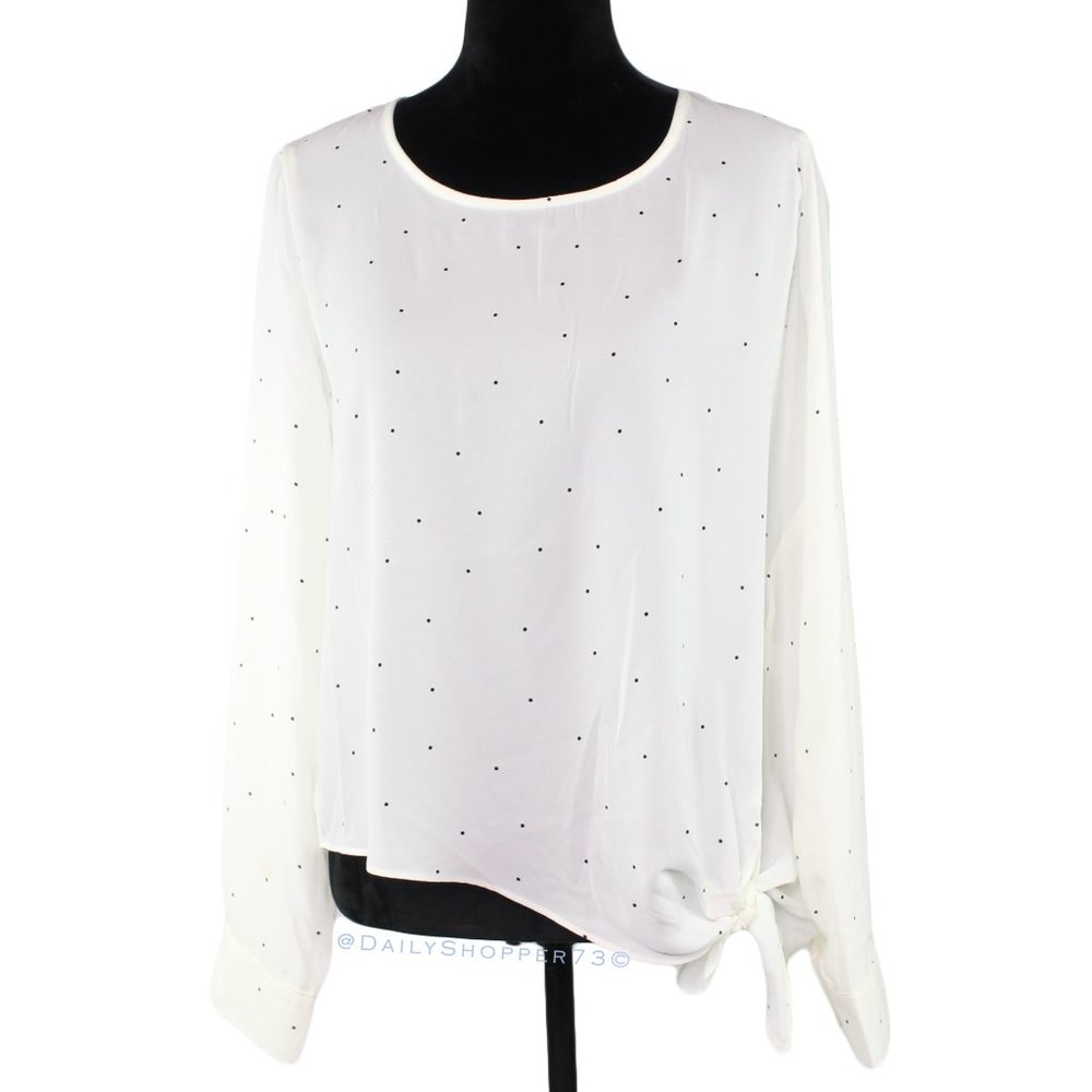 Women's Socialite White Polka Dot Tie Hem Blouse